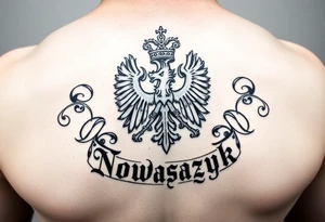 The Polish coat of arms surrounded by the word Nowaczyk in a medieval font tattoo idea