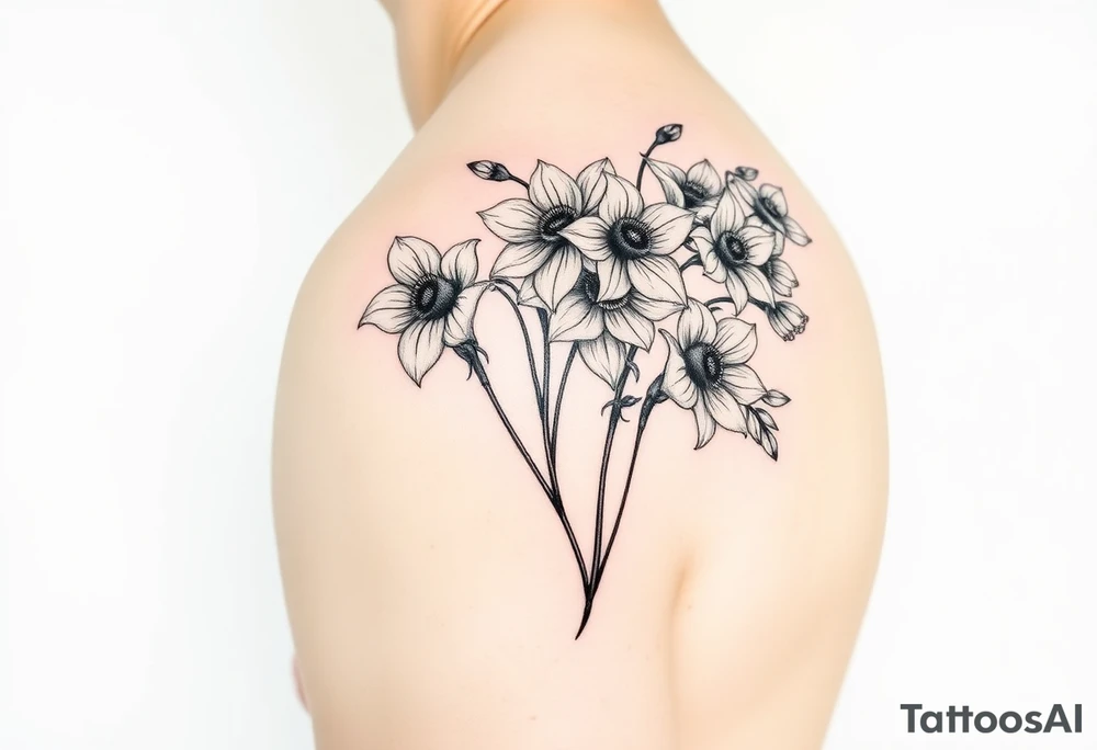 realistic daisies, daffodils, lily of the valley covering bicep for woman tattoo idea