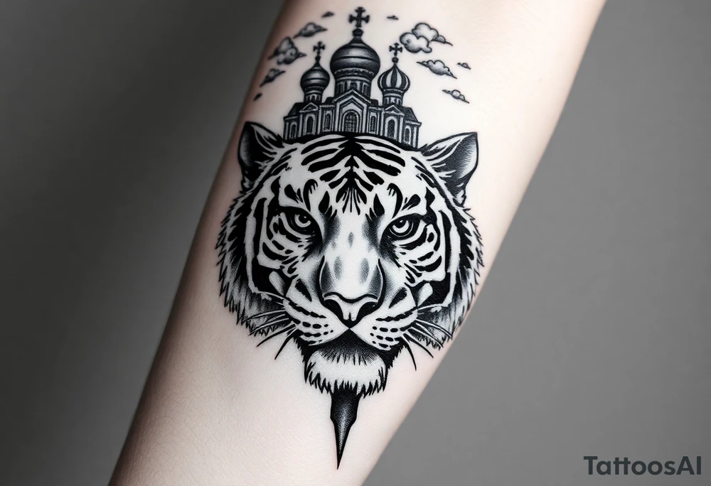 Realistic tiger face on the back of the hand with its eyes ALL black and no pupils, sitting beneath a Russian Orthodox cathedral sitting above on the top fore arm with onion domes and orthodox crosses. with clouds above and a virgin mary tattoo idea