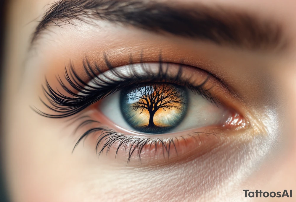 A hyper-realistic eye tattoo with a tiny tree reflection, detailed in deep green, honey brown, and icy blue hues, creating a surreal effect. tattoo idea