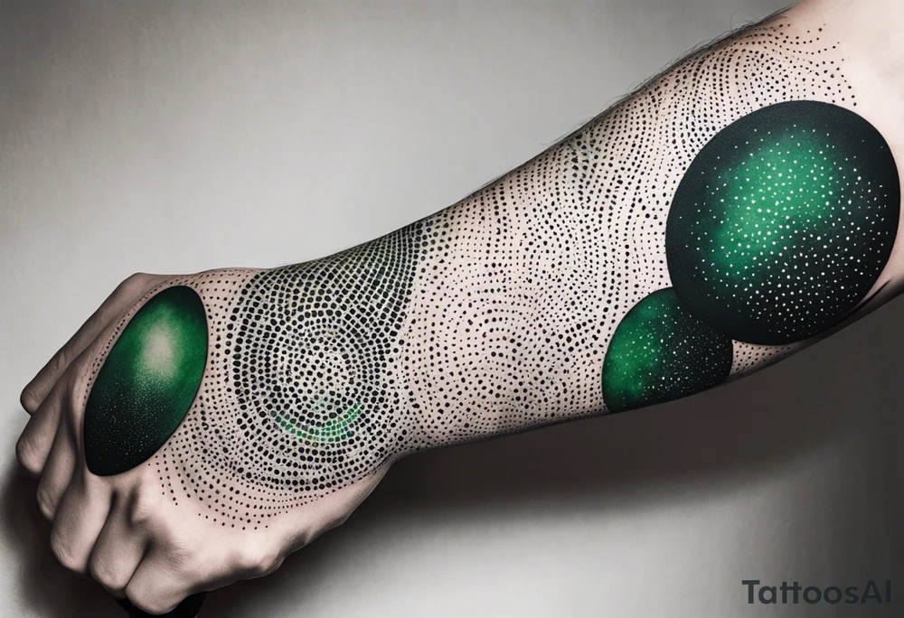 space, abstract, green and black, covered from wrist to forearm, fully covered, no borders, blackwork, no people tattoo idea
