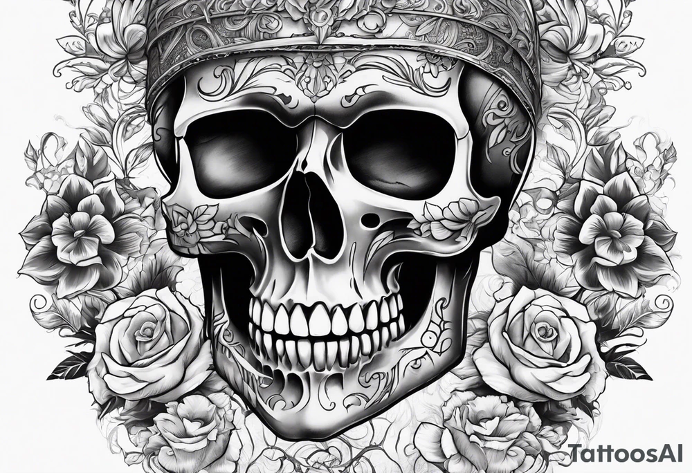 Draw me a skull with smoke out of his mouth add some flowers underneath with some ornamentals and Chains under it tattoo idea