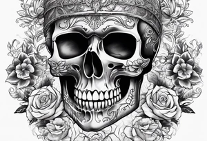 Draw me a skull with smoke out of his mouth add some flowers underneath with some ornamentals and Chains under it tattoo idea