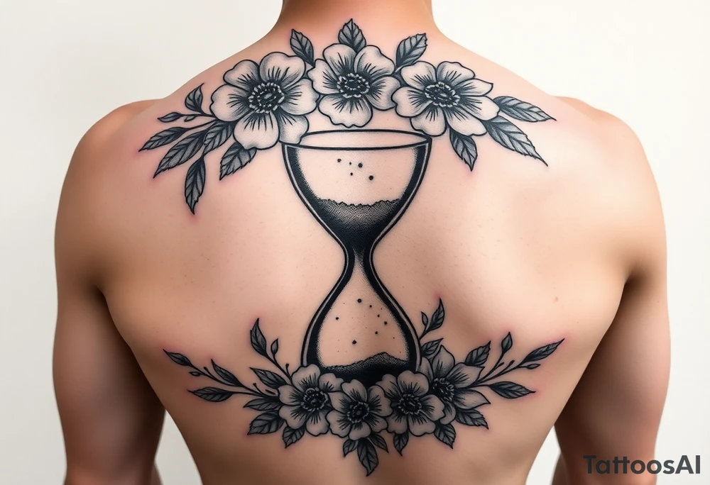 A full back tattoo with soft florals at the top. In the middle, there’s an hourglass. And below it is soft, florals, connecting to the flowers at the top. 
Include sexy lines that curve with the back tattoo idea