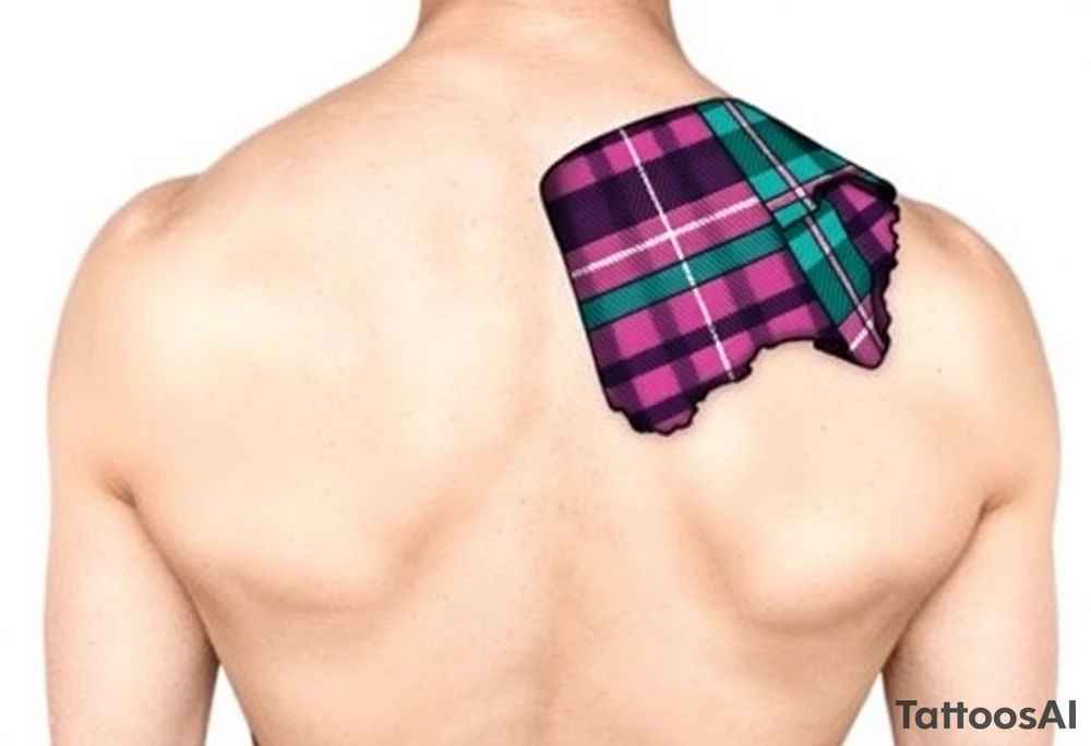 Dark Purple with green pink blue and white highlights tartan fabric with skin around edges peeling and wrapping around side of shoulder tattoo idea