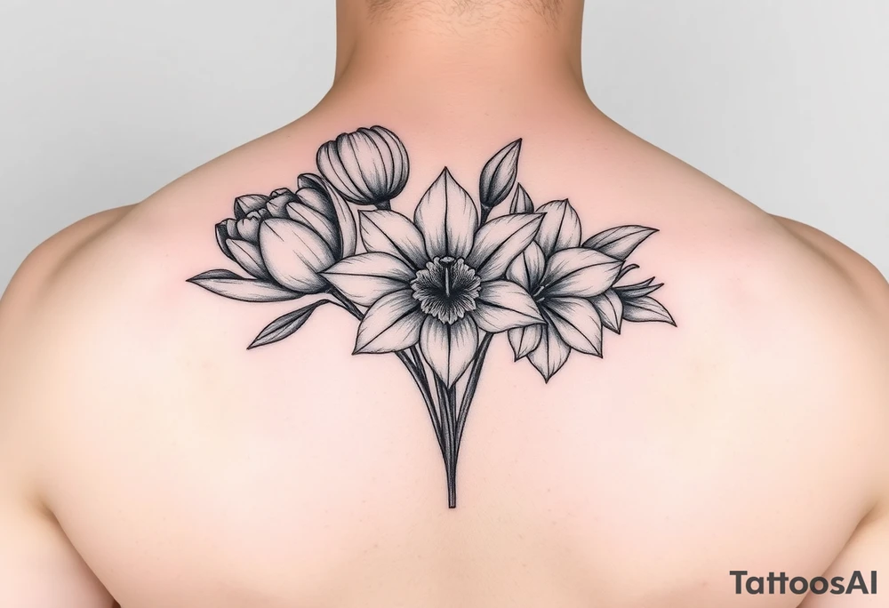 tulips, lily and daffodil clustered together tattoo idea