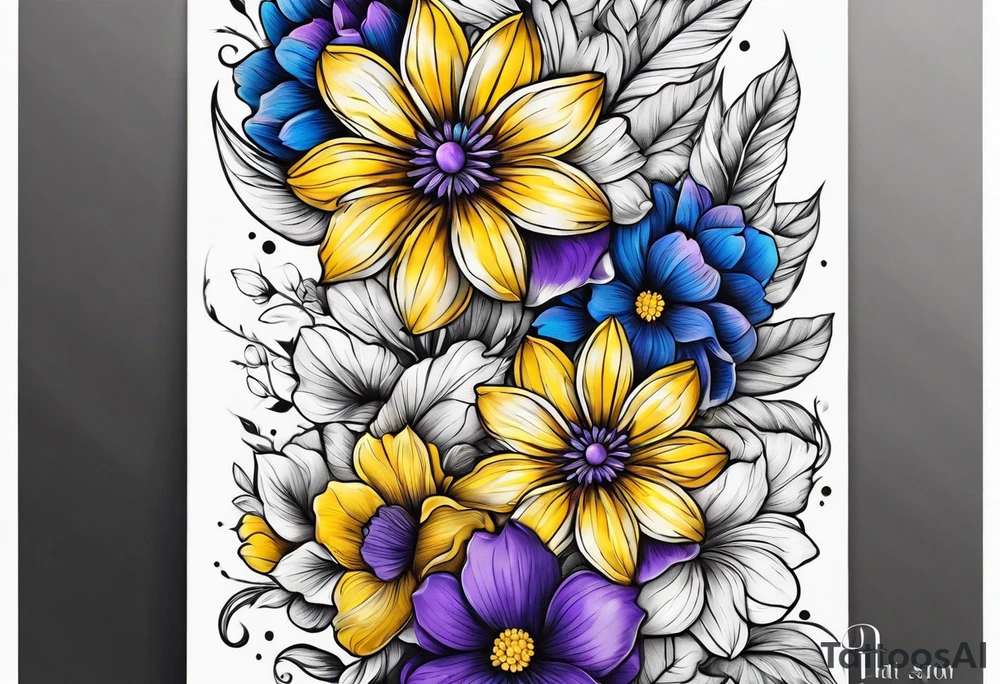 Blue yellow and purple flowers arm sleeve tattoo idea
