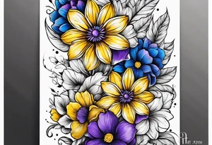 Blue yellow and purple flowers arm sleeve tattoo idea