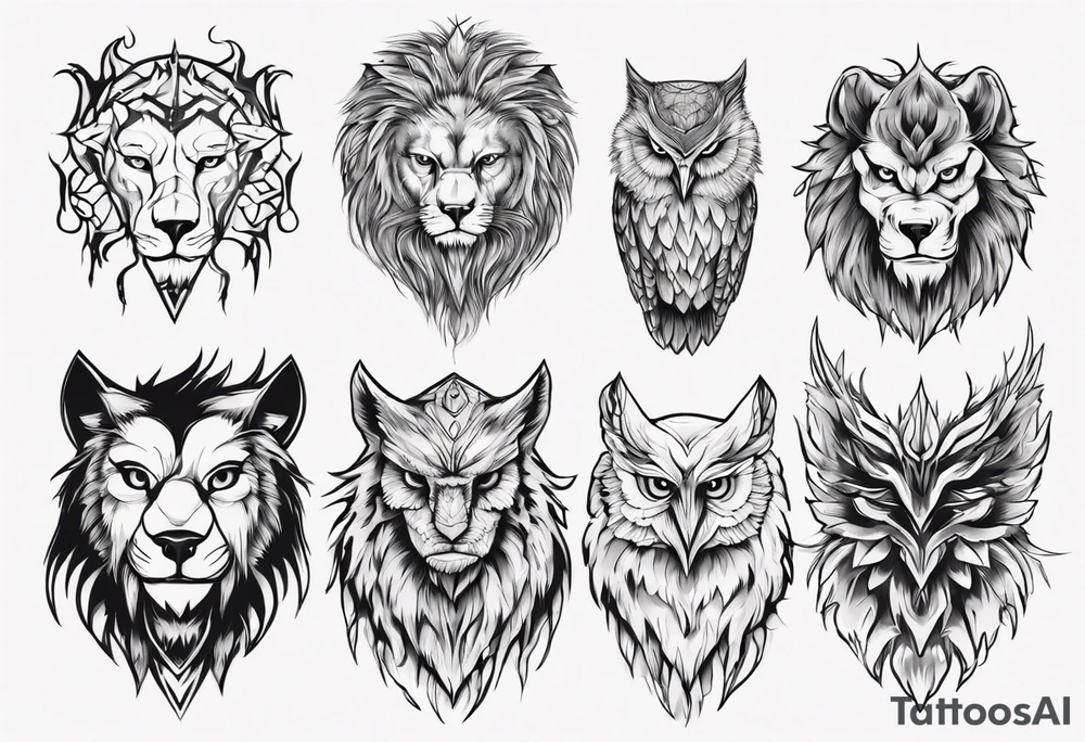 A lion, an owl, a wolf tattoo idea