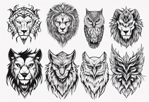 A lion, an owl, a wolf tattoo idea