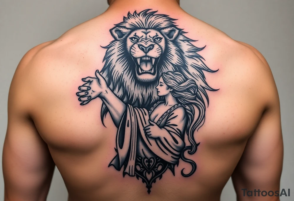 Roaring Leo lion holding virgo woman with robe and wavy hair, Sagittarius female and Capricorn male at the bottom tattoo idea
