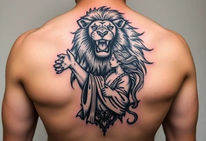 Roaring Leo lion holding virgo woman with robe and wavy hair, Sagittarius female and Capricorn male at the bottom tattoo idea