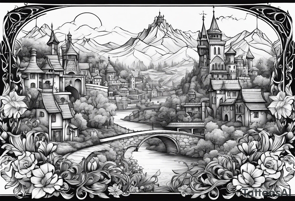 medieval tribal city floral land vignette tattoo idea