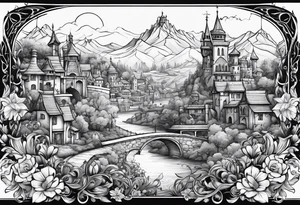medieval tribal city floral  land  vignette tattoo idea