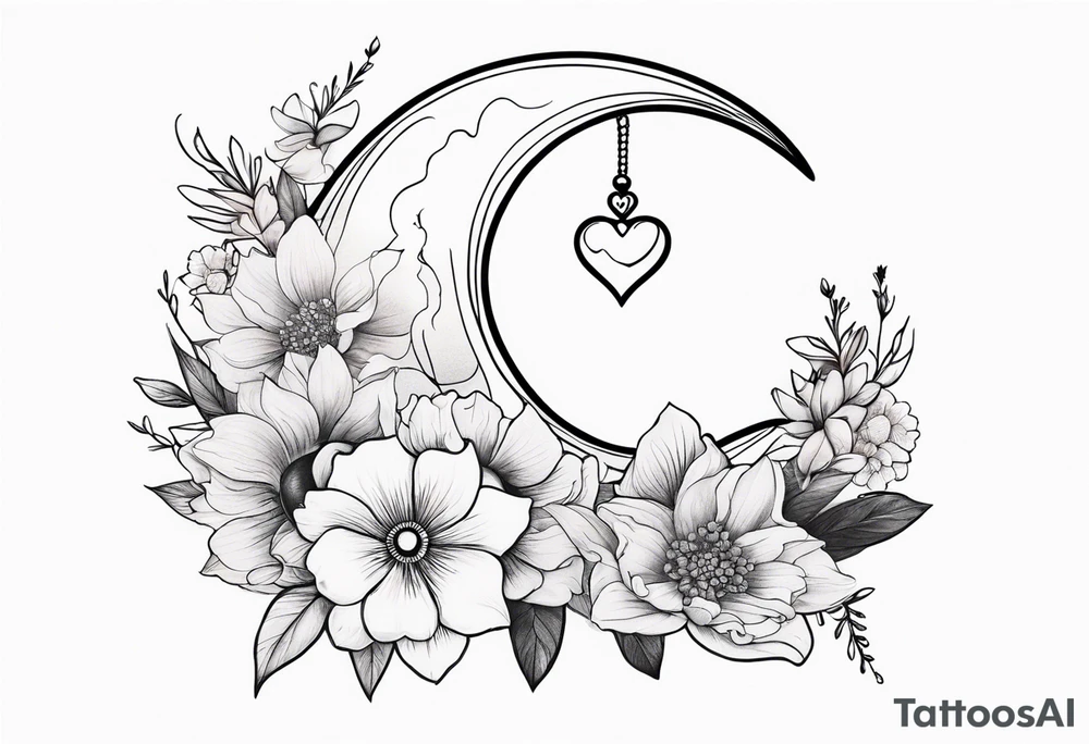 hand tattoo of a Crescent moon with a heart inside, shrouded by beautiful flowers with wisps of mist tattoo idea