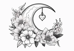hand tattoo of a Crescent moon with a heart inside, shrouded by beautiful flowers with wisps of mist tattoo idea