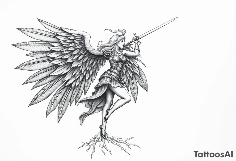 A fierce looking Valkyrie with very big dark wings. The whole body with legs should be visible.
She has armor.
She is flying towards the right, sword held high

She is screaming.
She is standing on roots tattoo idea