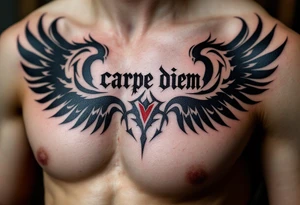 Bold gothic "carpe diem" lettering in deep crimson ink, flanked by black raven wings spreading outward on the chest. tattoo idea