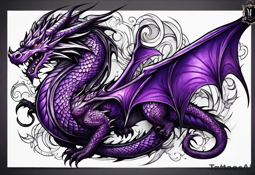 Purple dragon arm sleeve with an eldritch design tattoo idea