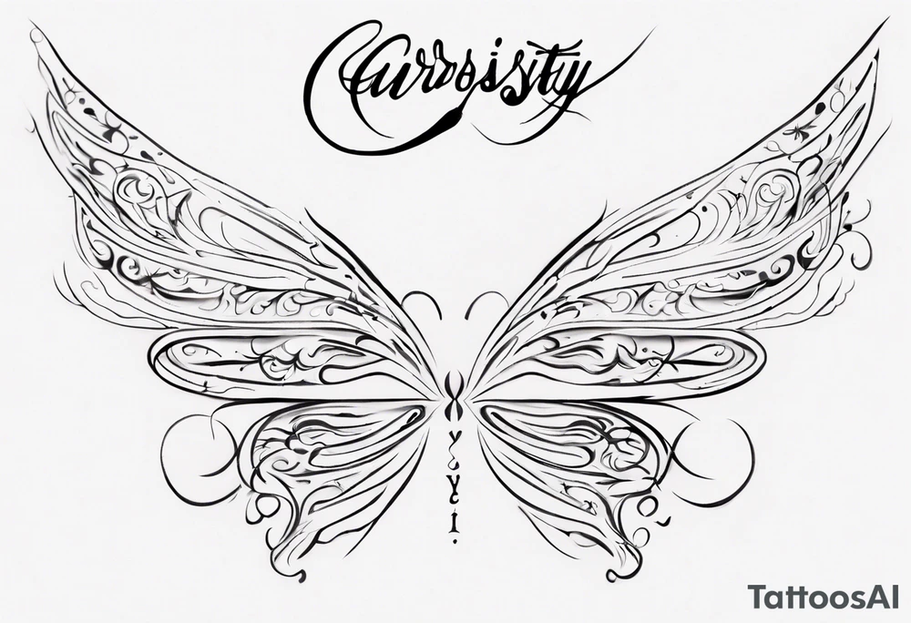 The word 'Curiosity' in cursive, with the 'Y' going into a simple outline of a fairy wing tattoo idea