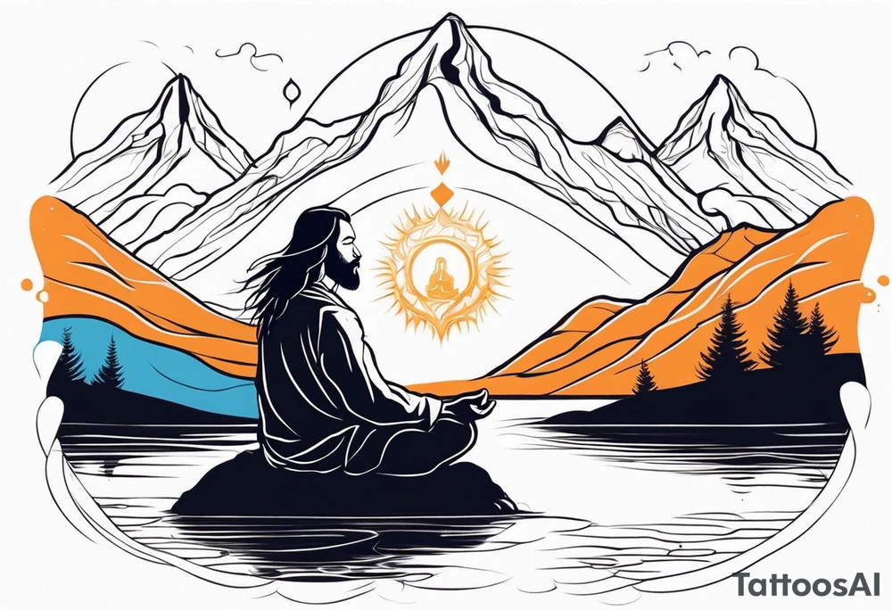 a meditating long haired man by the mountain river, the sky is covered with quantum energy tattoo idea
