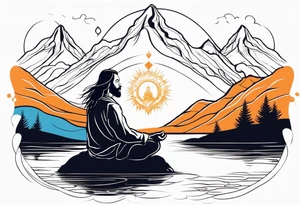 a meditating long haired man by the mountain river, the sky is covered with quantum energy tattoo idea