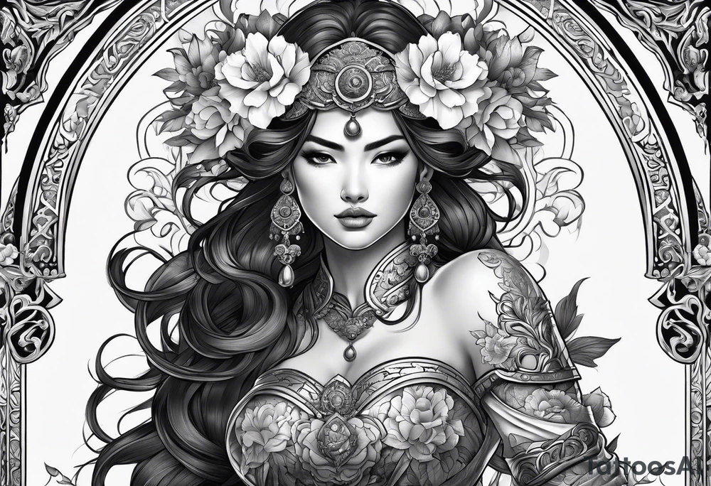 ornate beautiful woman warrior with weapon & floral arch background tattoo from head to torso tattoo idea