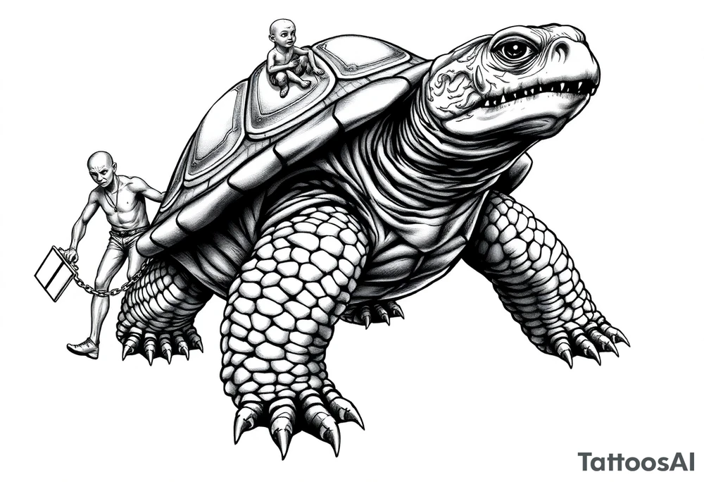 Small angry men walking slaves on a chain leash and chains on the back legs of an angry turtle with huge teeth with a little man riding on his back tattoo idea