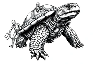 Small angry men walking slaves on a chain leash and chains on the back legs of an angry turtle with huge teeth with a little man riding on his back tattoo idea