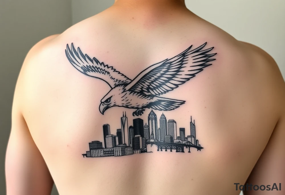 Philadelphia Eagle flying over Philadelphia city skyline with go Birds under it tattoo idea
