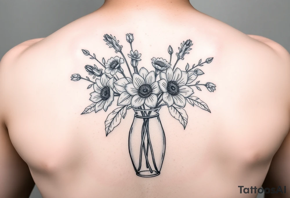 March, April, may, June, August, December flowers in a vase tattoo idea