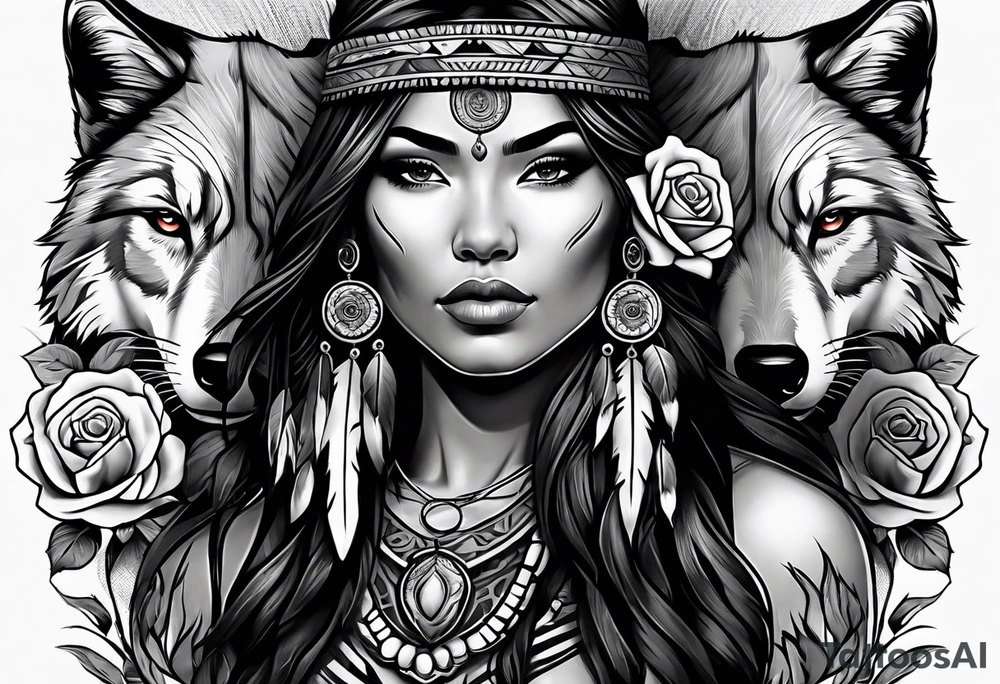 Native American woman wrapped in roses with a wolf pelt tattoo idea