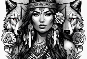 Native American woman wrapped in roses with a wolf pelt tattoo idea
