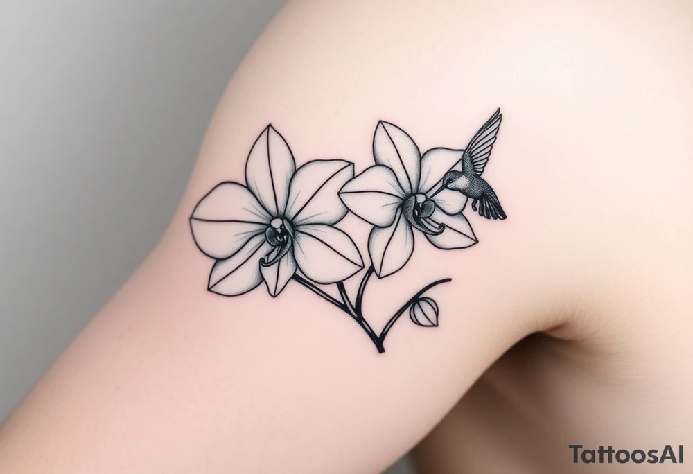 A delicate, black and white fine-line tattoo for male, featuring gracefully detailed 2 orchids in full bloom including their stems, with soft, intricate petals and elegant curves. Beside it, a hummingbird hovers mid-flight, its wings drawn with subtle motion lines, its slender beak reaching toward the orchid’s center to drink its nectar. on the other flower there is a bee that is resting tattoo idea