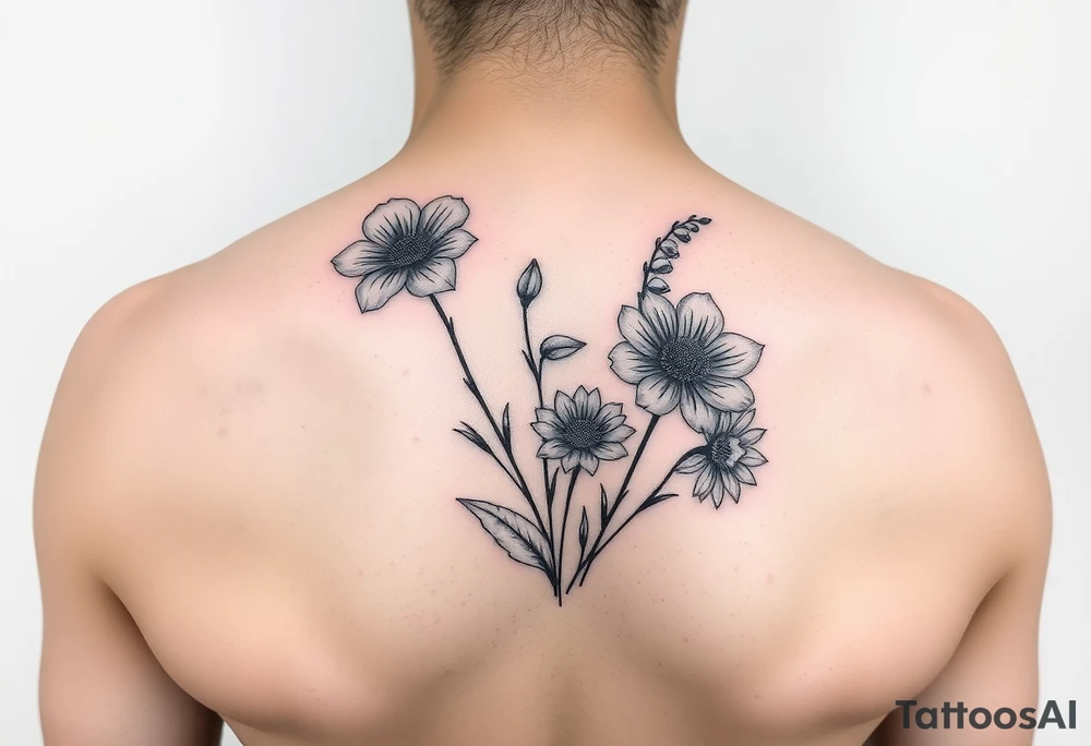 small tattoo with cosmos, lily of the valley, and chrysanthemum tattoo idea