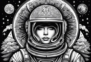 Craft an intricate black and white tattoo design inspired by the themes and imagery from Ray Bradbury's "Cosmonaut" and the poignant lyrics of Elton John's "Rocket Man." tattoo idea