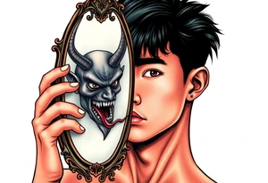 Handsome Asian young guy is looking in cursed mirror and see devil tattoo idea