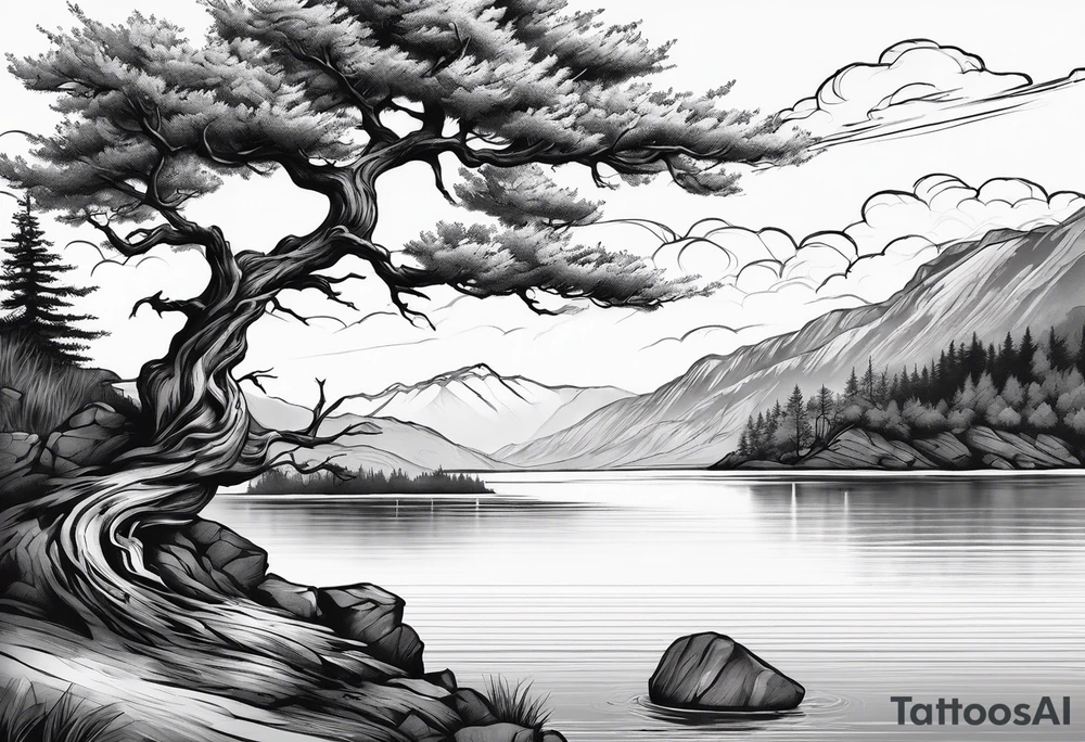 Sleeve tattoo windswept tree before lake with low rock face on another side of lake tattoo idea