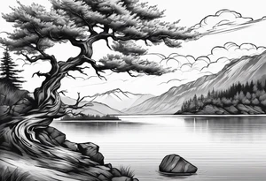 Sleeve tattoo windswept tree before lake with low rock face on another side of lake tattoo idea