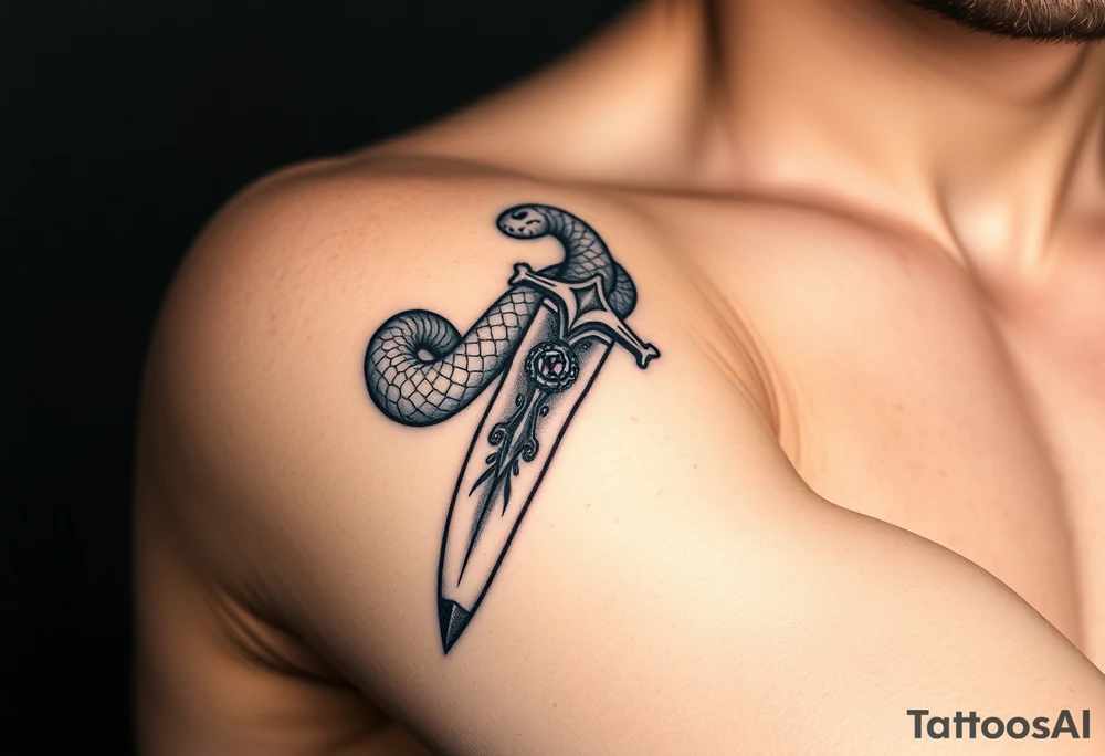 mystical snake coiled around an ancient dagger with jeweled hilt tattoo idea
