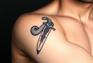mystical snake coiled around an ancient dagger with jeweled hilt tattoo idea