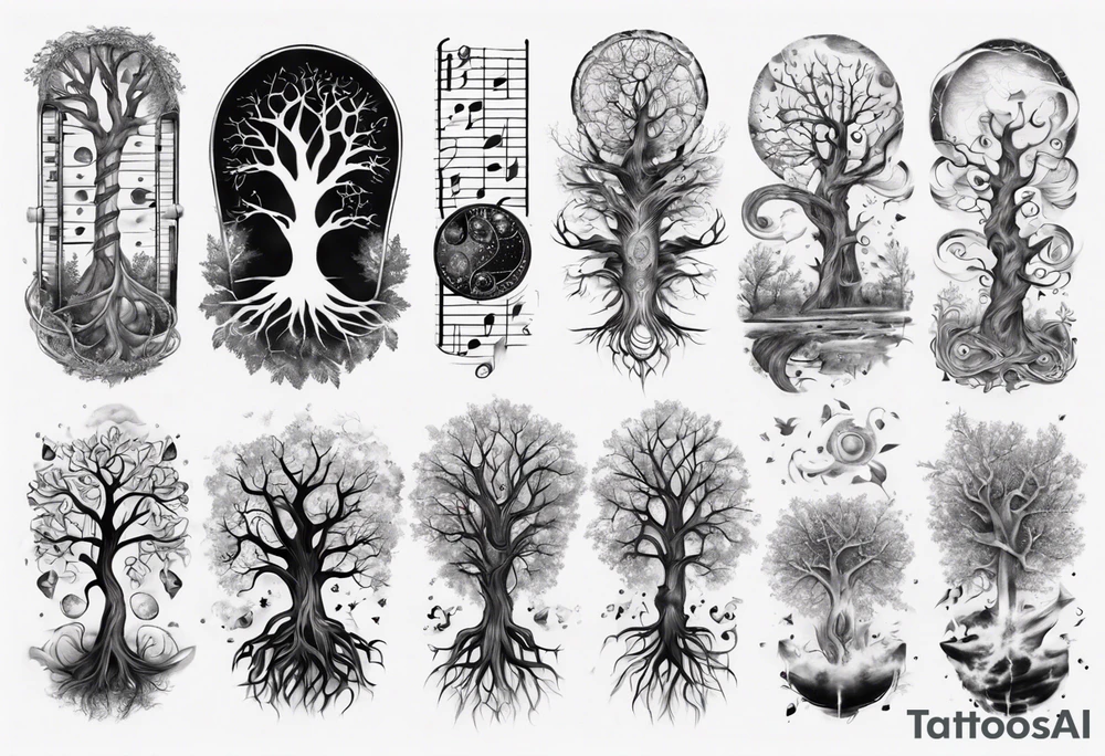 full arm sleeve tattoo... DNA, science, guitar, piano, music. tree of life, focus, masculine tattoo idea