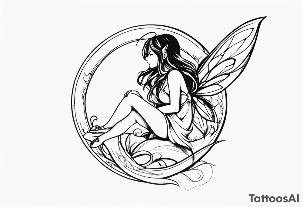 No background and no color sketch of a fairy with a tail inspired by the guild symbol in the anime show called Fairy Tail in a fetal position leaning in and forward while crawled in tattoo idea