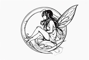 No background and no color sketch of a fairy with a tail inspired by the guild symbol in the anime show called Fairy Tail in a fetal position leaning in and forward while crawled in tattoo idea