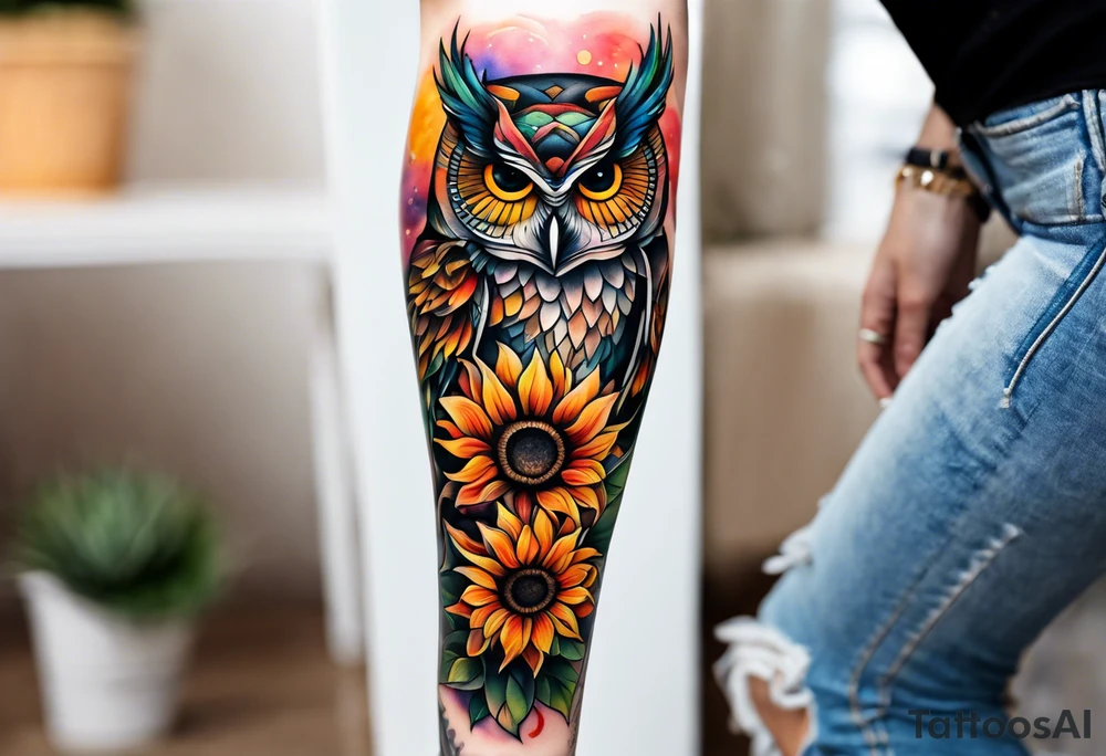Leg sleeve with colorful sunflowers and an owl tattoo idea