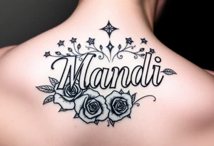 Name Mandi with roses and stars tattoo idea