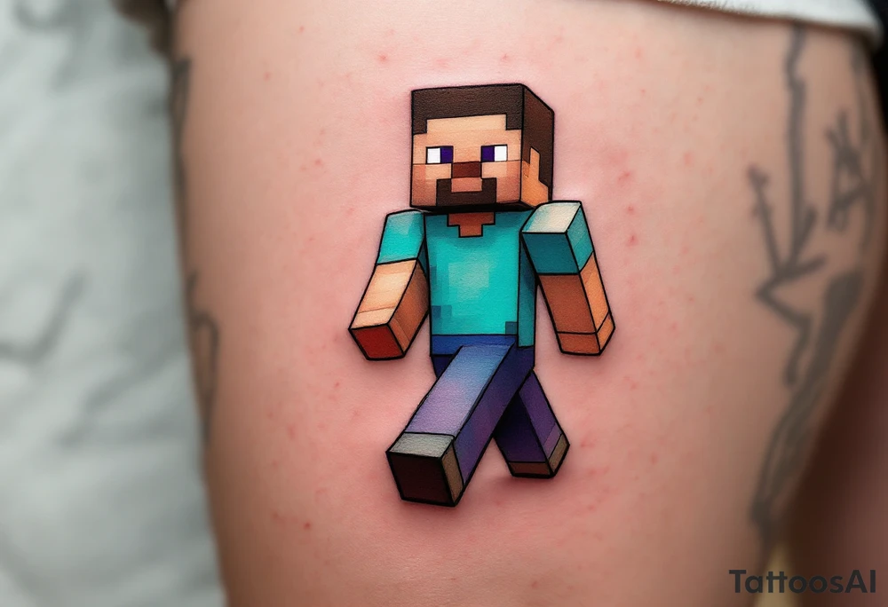 Small Minecraft Steve tattoo more vibrant colors more cartoonish walking straight legs very very small tattoo idea