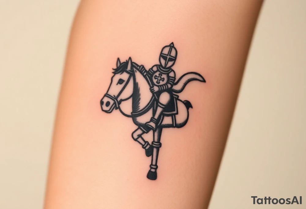 2d medieval woodcut knight on a childs hobby horse head stick toy tattoo idea