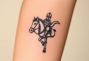 2d medieval woodcut knight on a childs hobby horse head stick toy tattoo idea