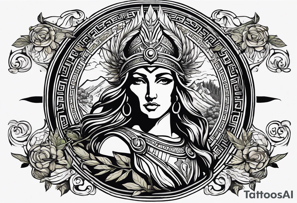 A stunning tattoo depicting elements of Greek mythology. At the center is Athena, the goddess of wisdom and warfare, portrayed in a three-quarter view with her helmet and spear. Her gaze is fierce yet wise, embodying her dual nature. Surrounding her are intricate details of olive branches, symbolizing peace, and an owl perched on her shoulder, representing wisdom. Below Athena, the majestic Mount Olympus rises, with clouds swirling around its peak. On one side, the powerful figure of Zeus wields his thunderbolt, while on the other side, Poseidon commands the seas with his trident. In the background, faint outlines of the Parthenon and other ancient Greek temples add depth to the scene. The entire design is done in fine black and grey shading, with hints of gold to accentuate the divine elements, creating a timeless and powerful piece.

This description should give a detailed idea for a tattoo artist to create a piece inspired by Greek mythology. tattoo idea